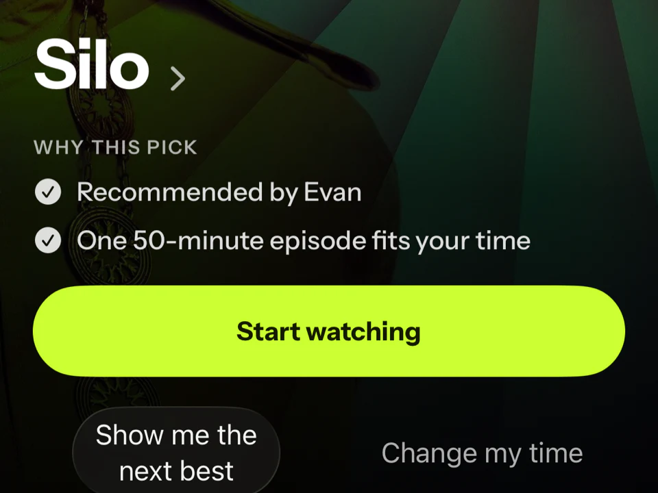 WatchWatch Tonight’s Pick showing Evan’s recommendation and one 50-minute episode fitting the selected time